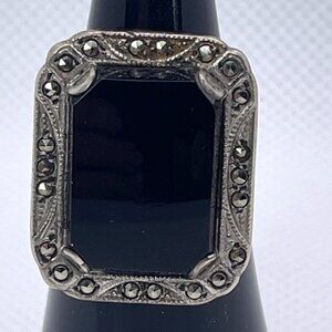 VTG Art Deco Sterling Silver Black Onyx Marcasite Ring Antique Estate Size 6.25